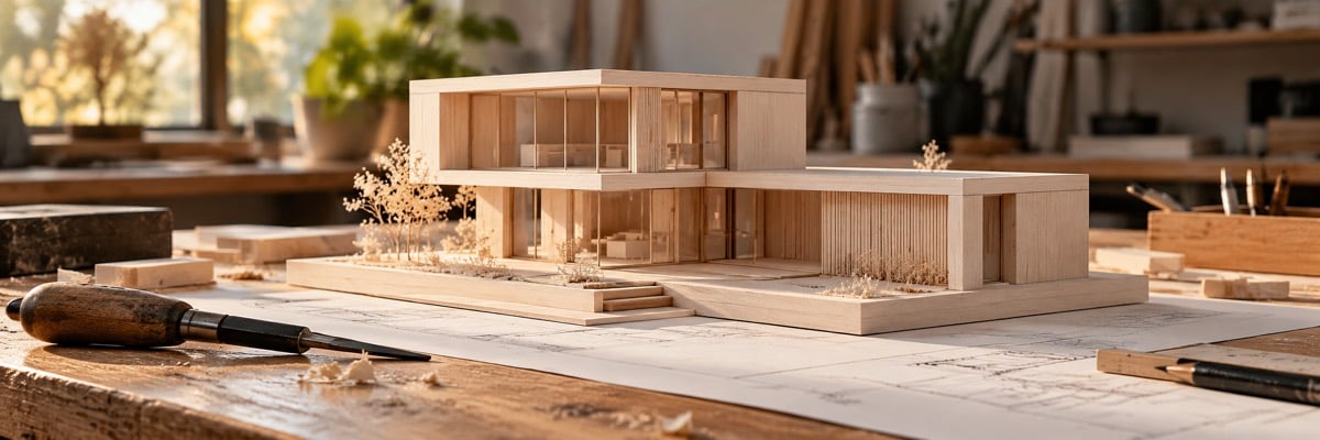 A wooden architectural model on a workshop table