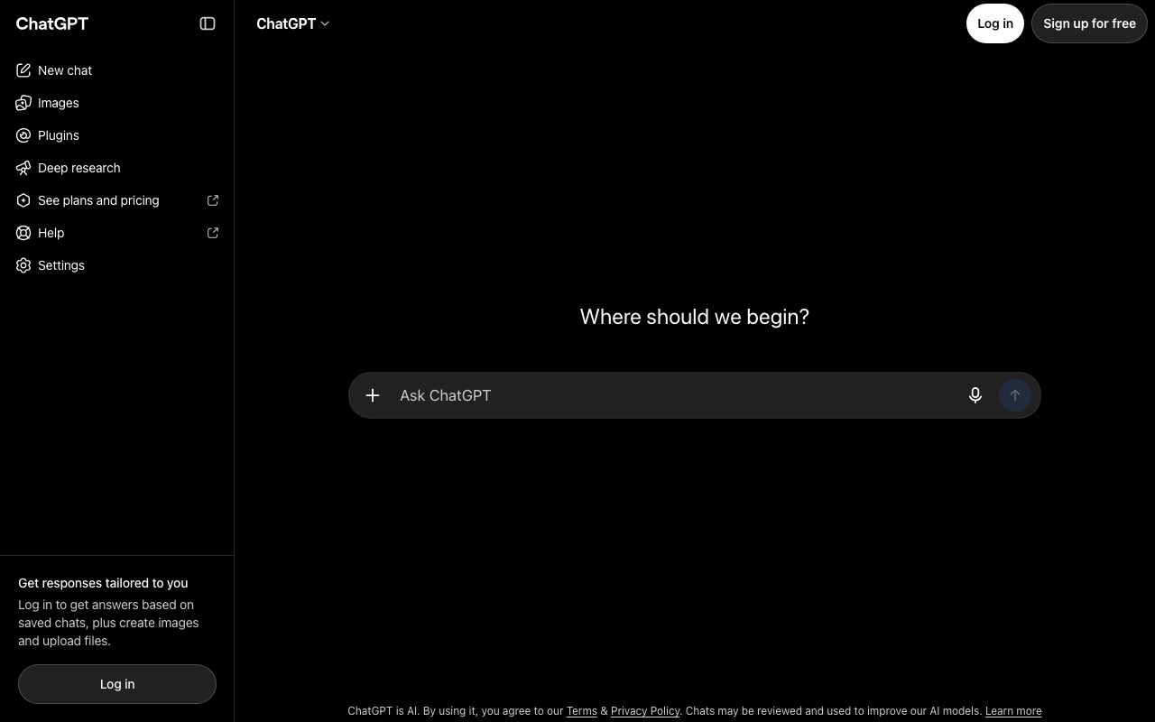 What ChatGPT’s website looks like before you sign in