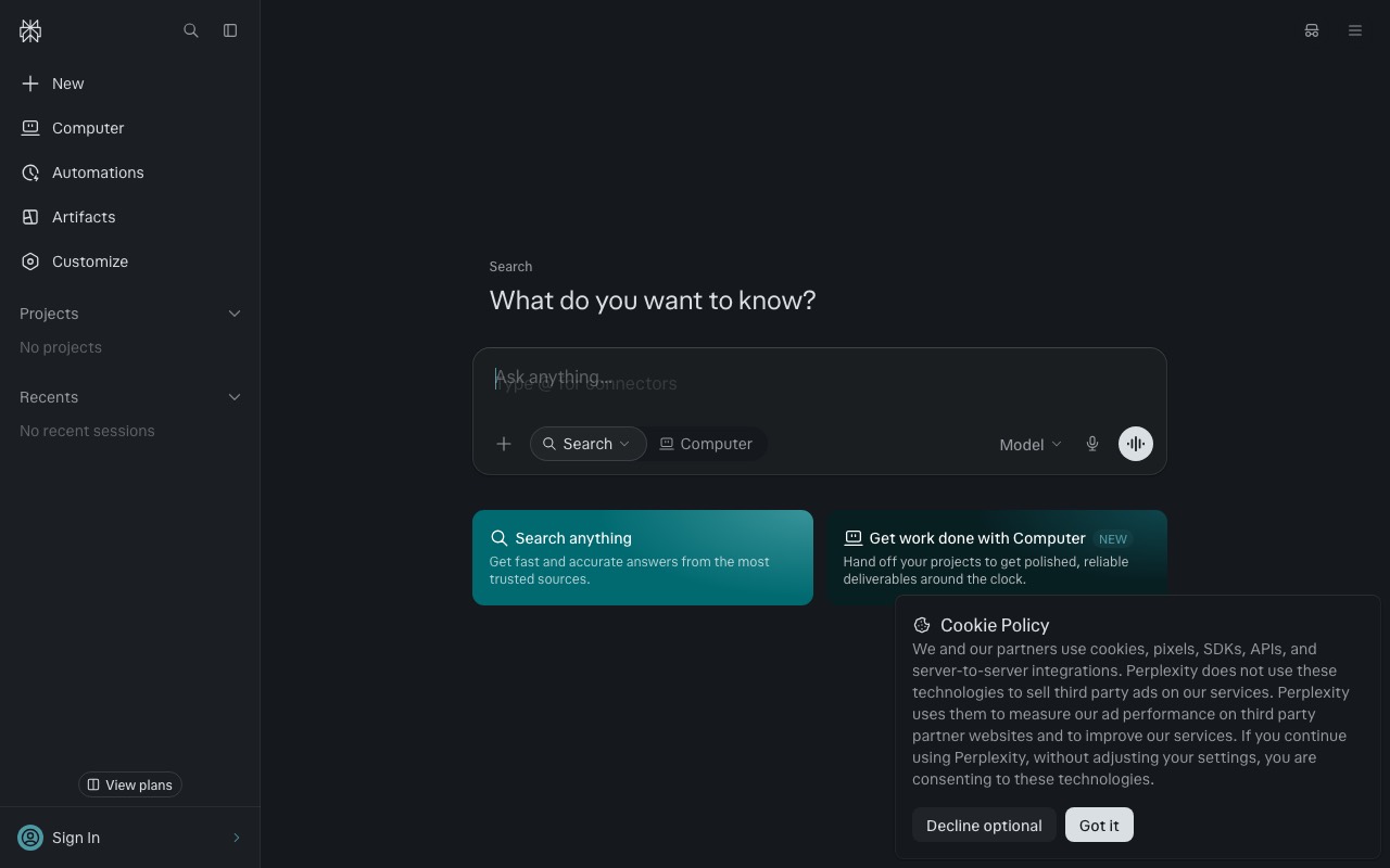What Perplexity’s website looks like before you sign in
